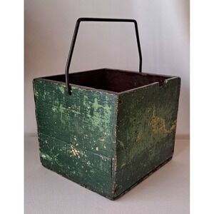 Antique Primitive Green Wood & Iron Handle Berry Box 8" X 8"